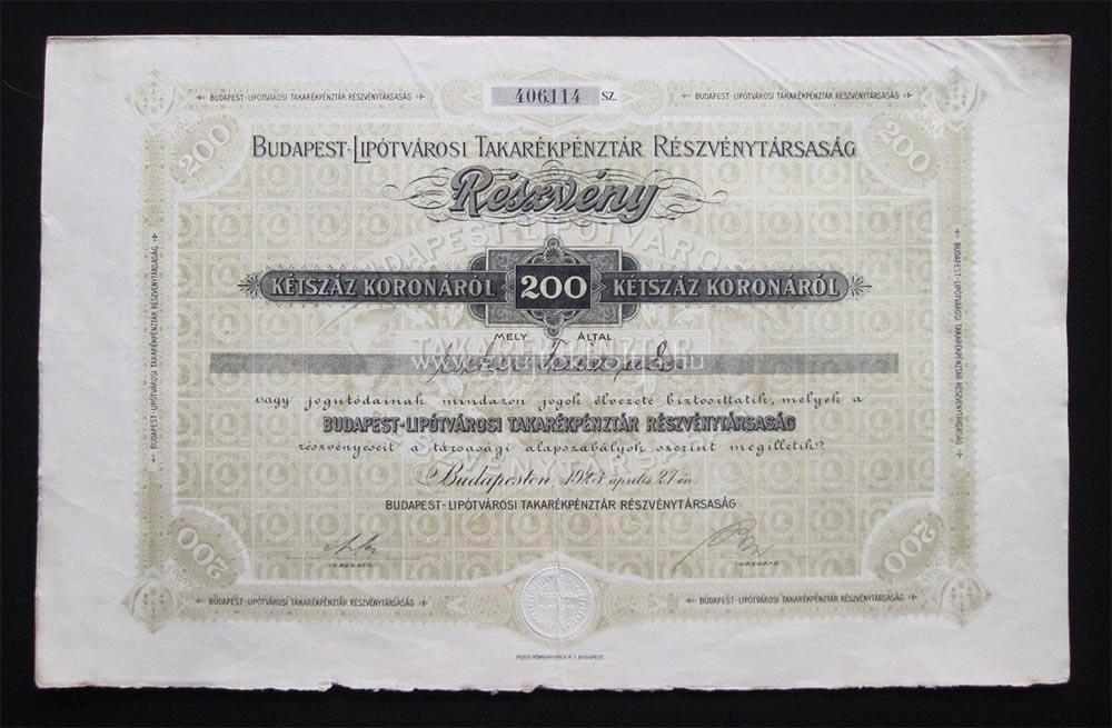 Budapest-Lipótvárosi Takarékpénztár részvény 200 korona 1923
